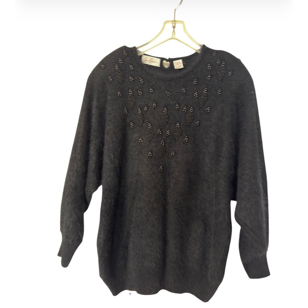 Eddie Dassin Vintage Angora Wool Blend Beaded Sweater Black Large Dolman Sleeve‎